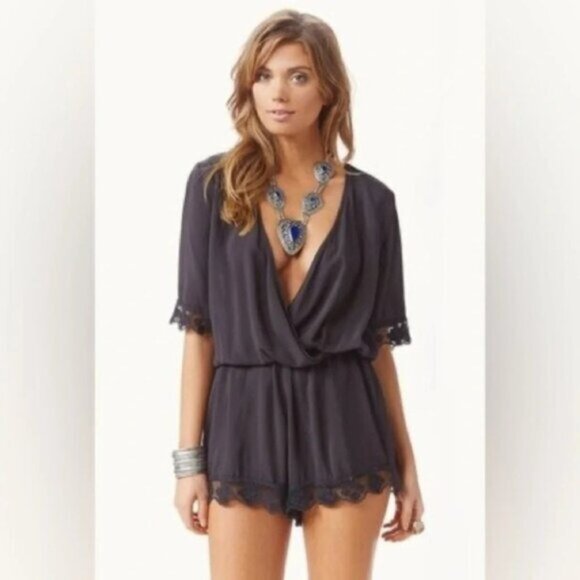 Free People Blue Life Boho Romper 3/4 Sleeve Surplice Neck Crochet Lace Black S - Picture 8 of 16